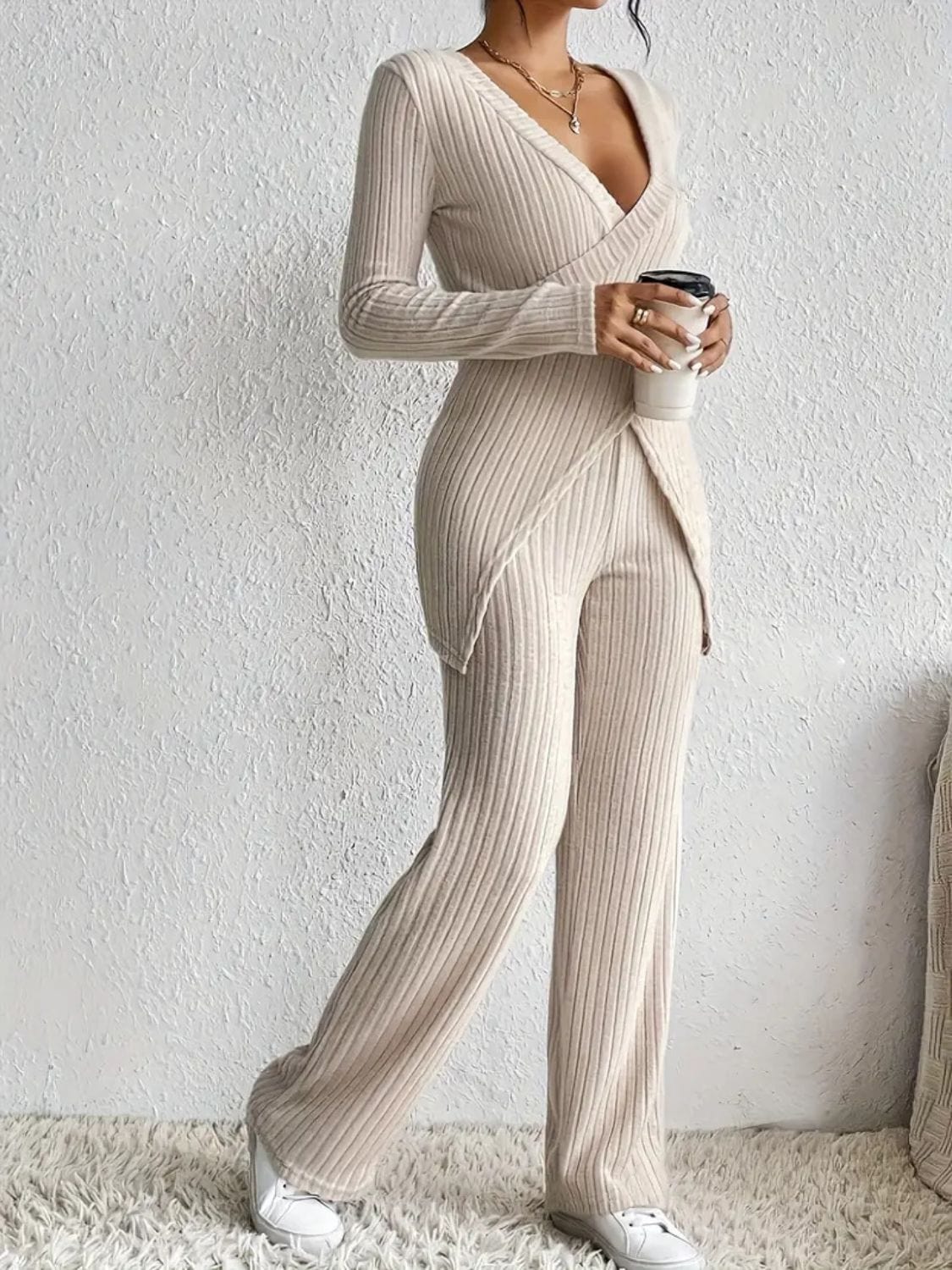 Soft Draping Meets Style: Long Sleeve Top & Pants Set