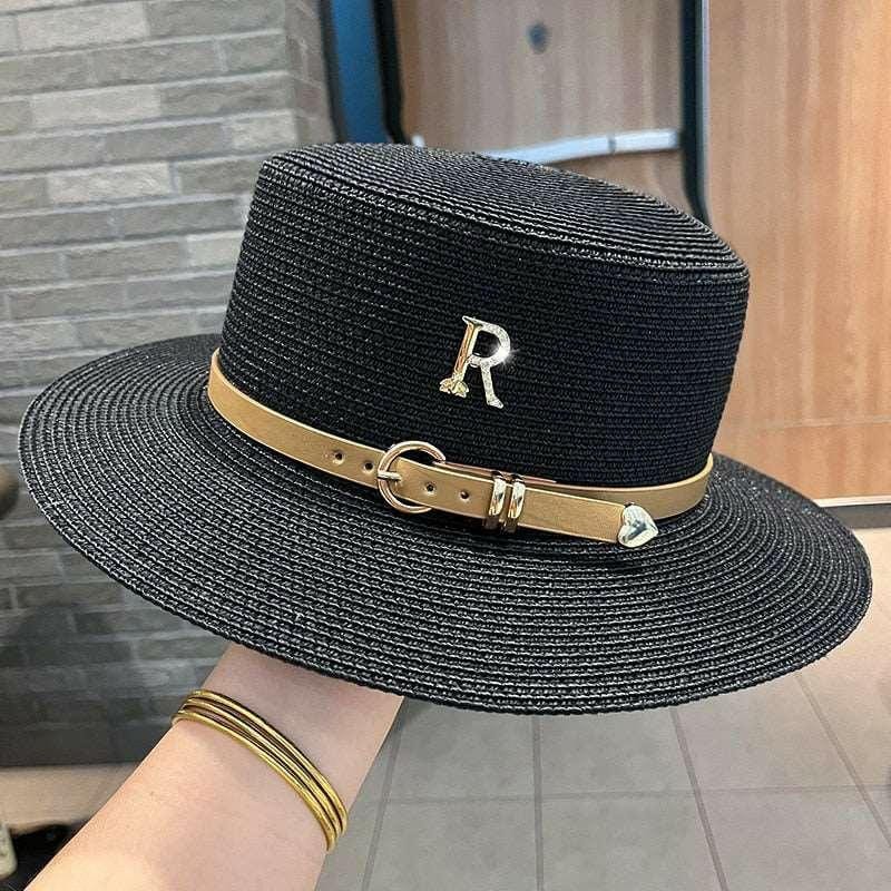 Spring Straw Hat with Letter R Buckle