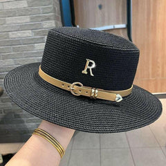 Spring Straw Hat with Letter R Buckle