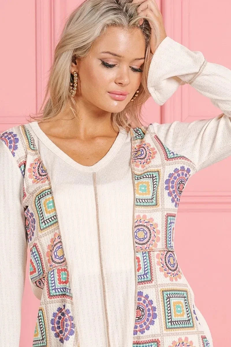 Square Print Contrast Annie Rib V Neck Top