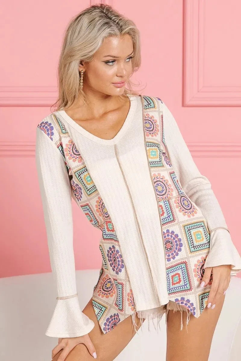 Square Print Contrast Annie Rib V Neck Top