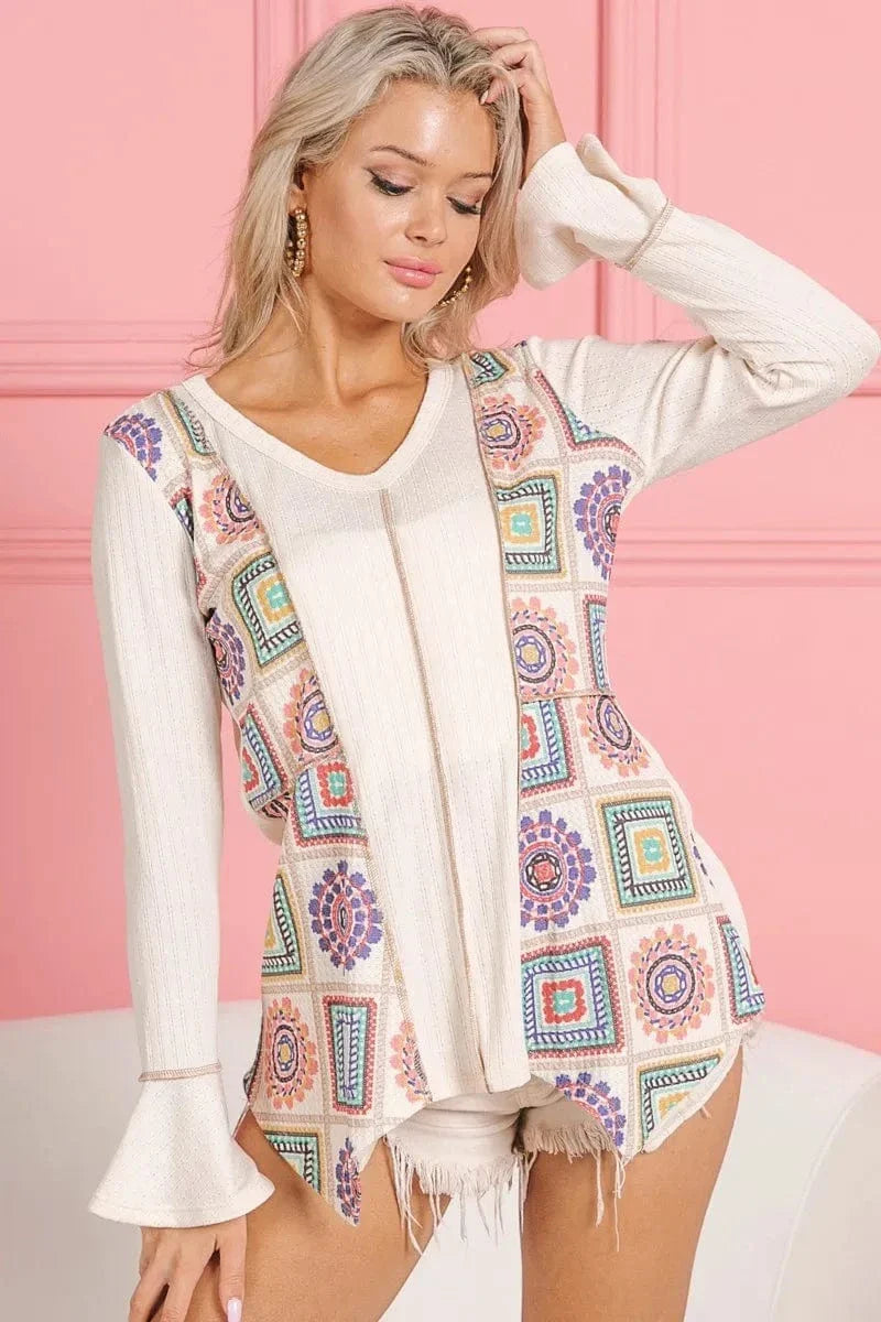 Square Print Contrast Annie Rib V Neck Top