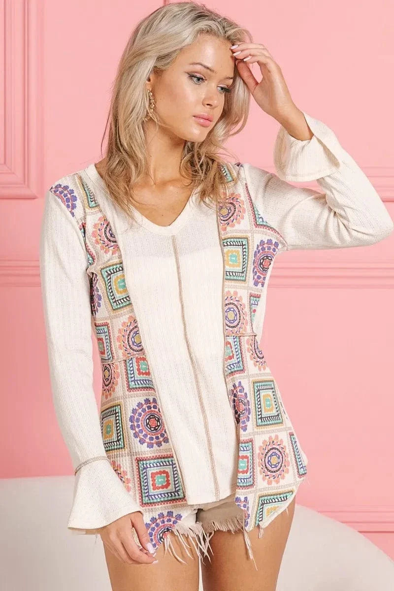 Square Print Contrast Annie Rib V Neck Top