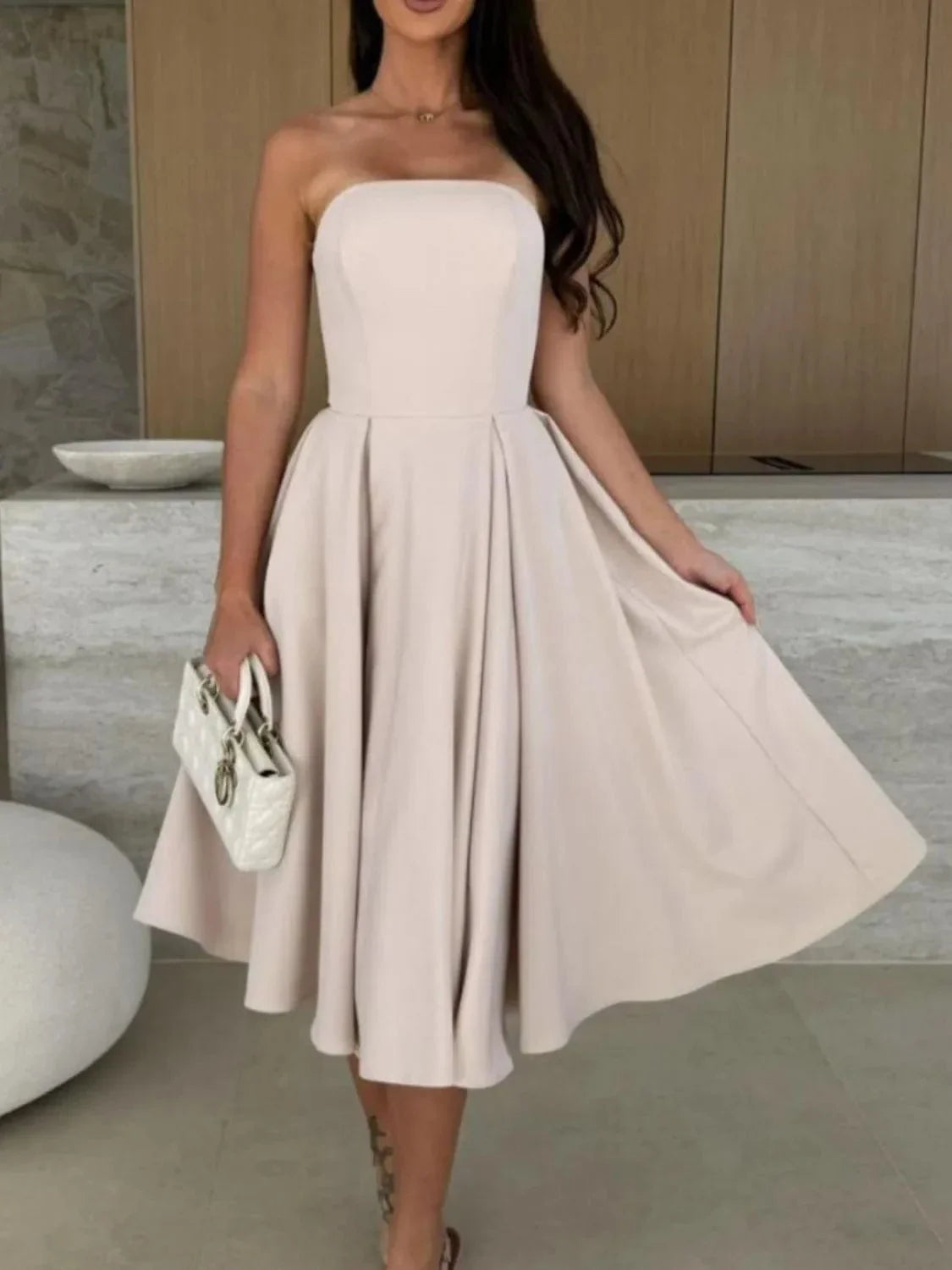 Strapless Midi Dress Elegant Fit and Flare