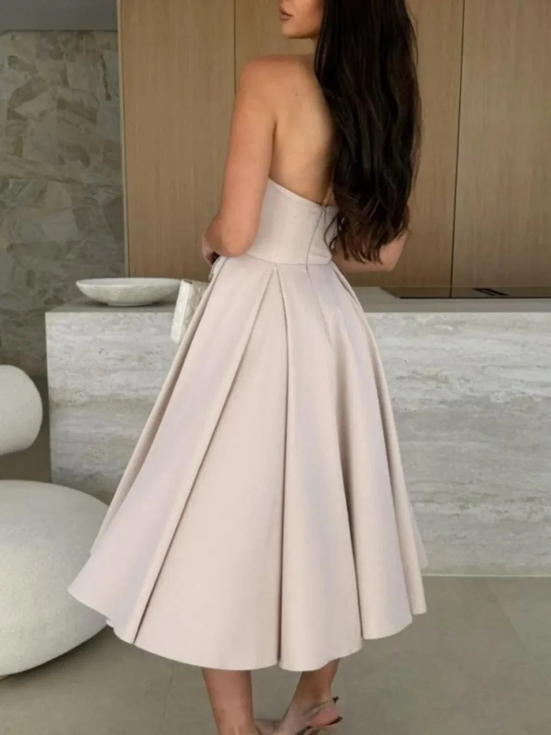 Strapless Midi Dress Elegant Fit and Flare