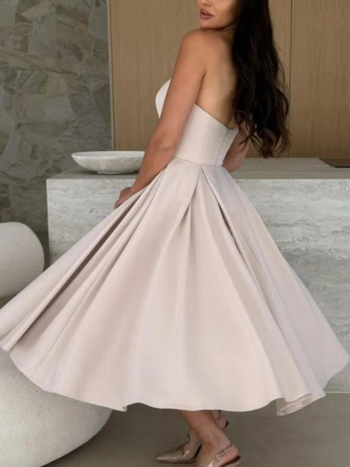 Strapless Midi Dress Elegant Fit and Flare