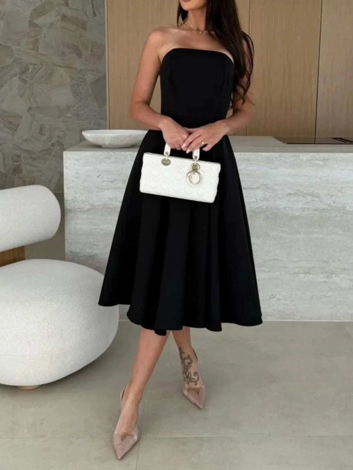 Strapless Midi Dress Elegant Fit and Flare