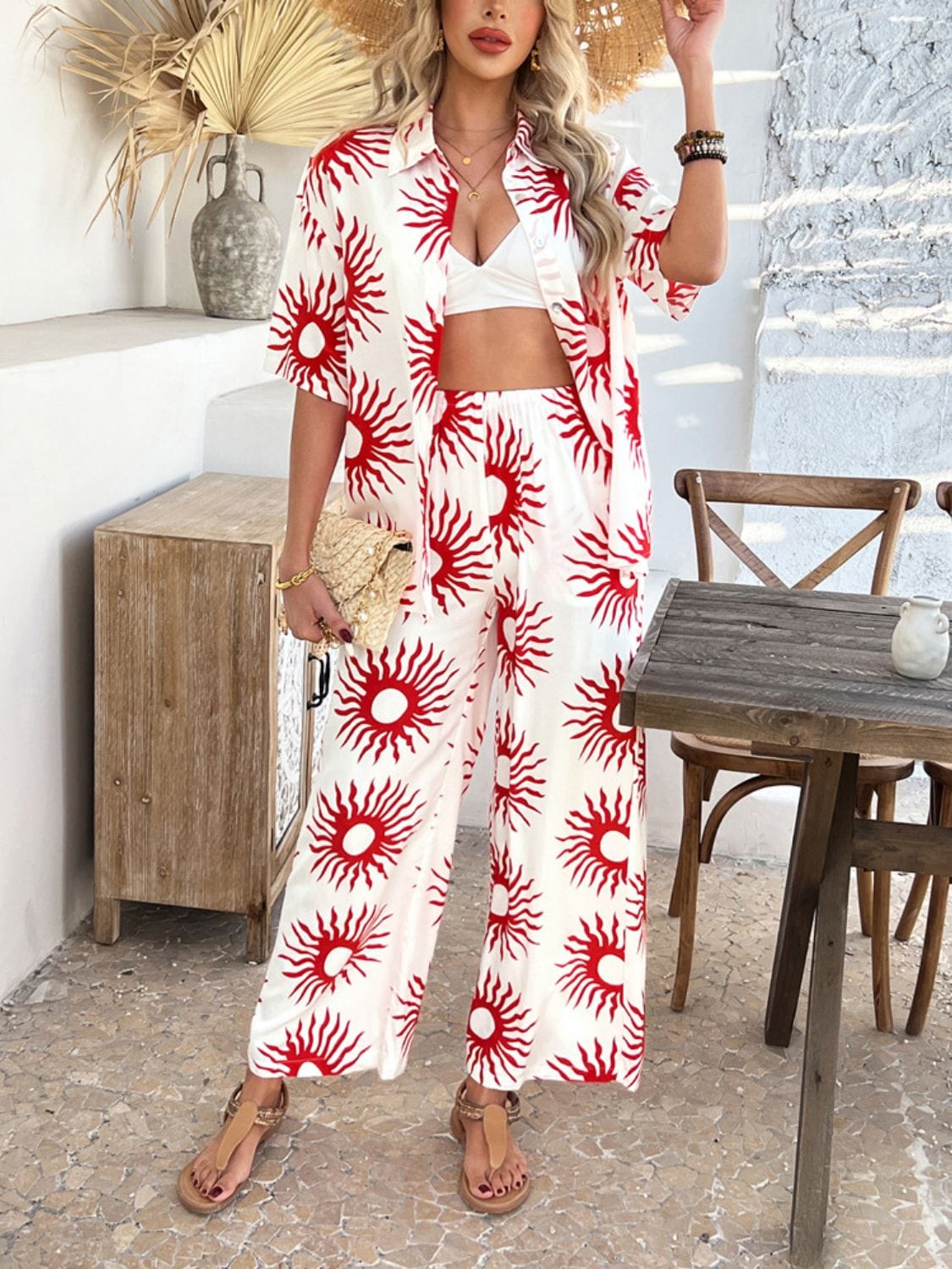Super Cool Printed Collared Neck Half Sleeve Top and Pants Set