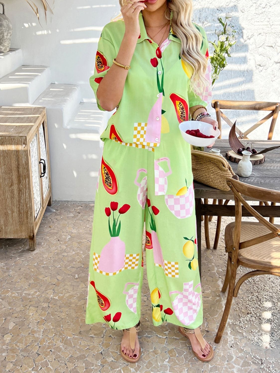 Super Cool Printed Collared Neck Half Sleeve Top and Pants Set