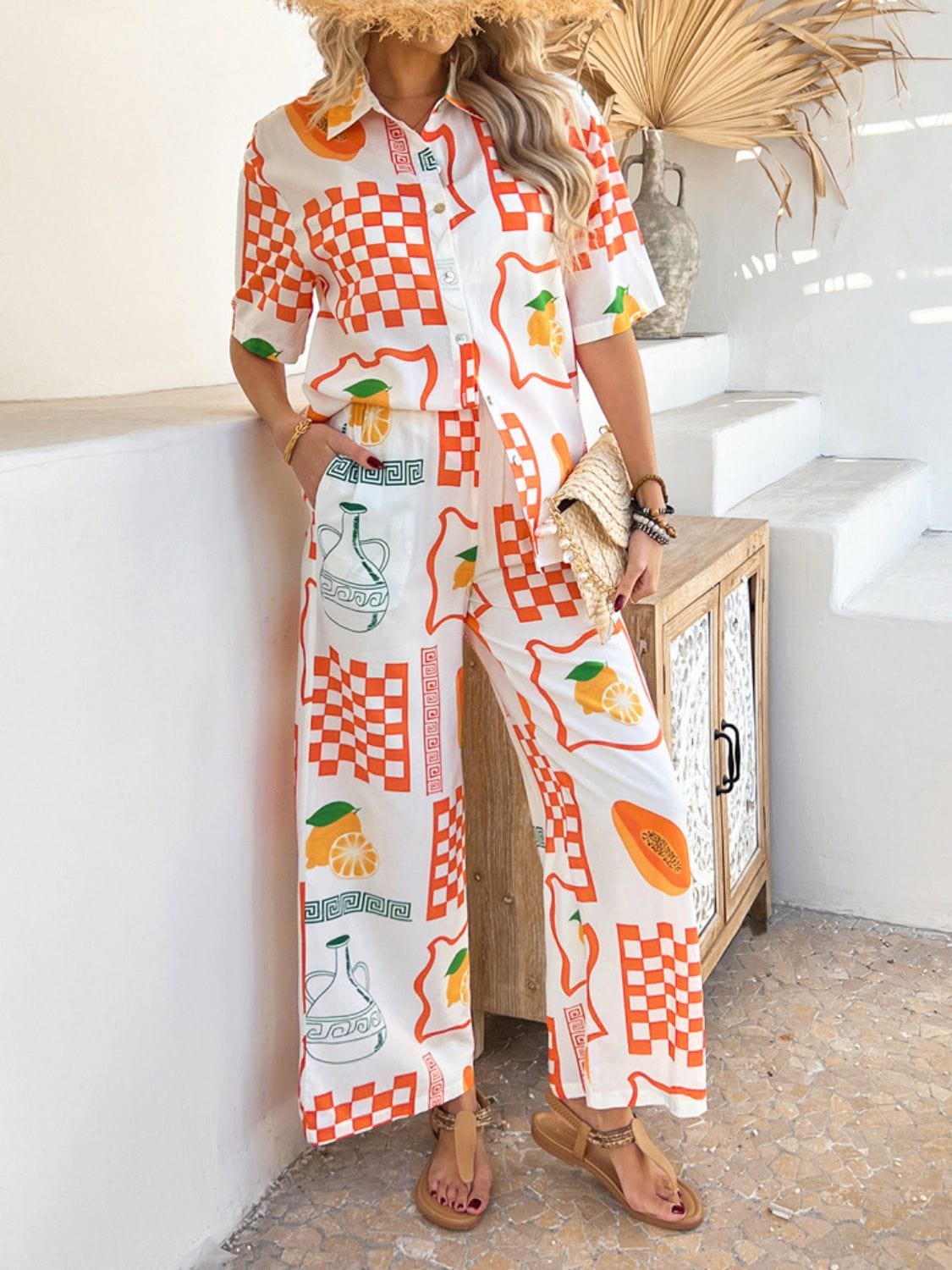 Super Cool Printed Collared Neck Half Sleeve Top and Pants Set