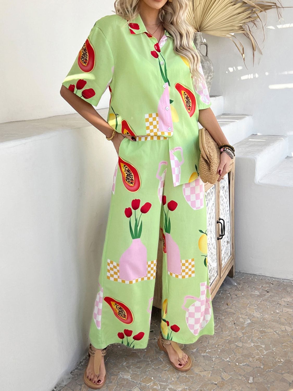 Super Cool Printed Collared Neck Half Sleeve Top and Pants Set