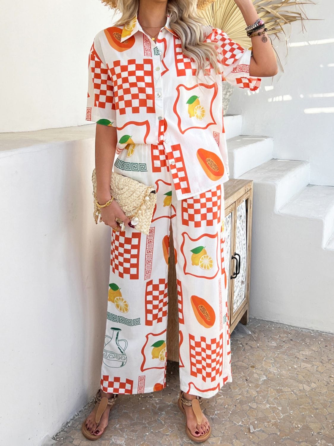 Super Cool Printed Collared Neck Half Sleeve Top and Pants Set