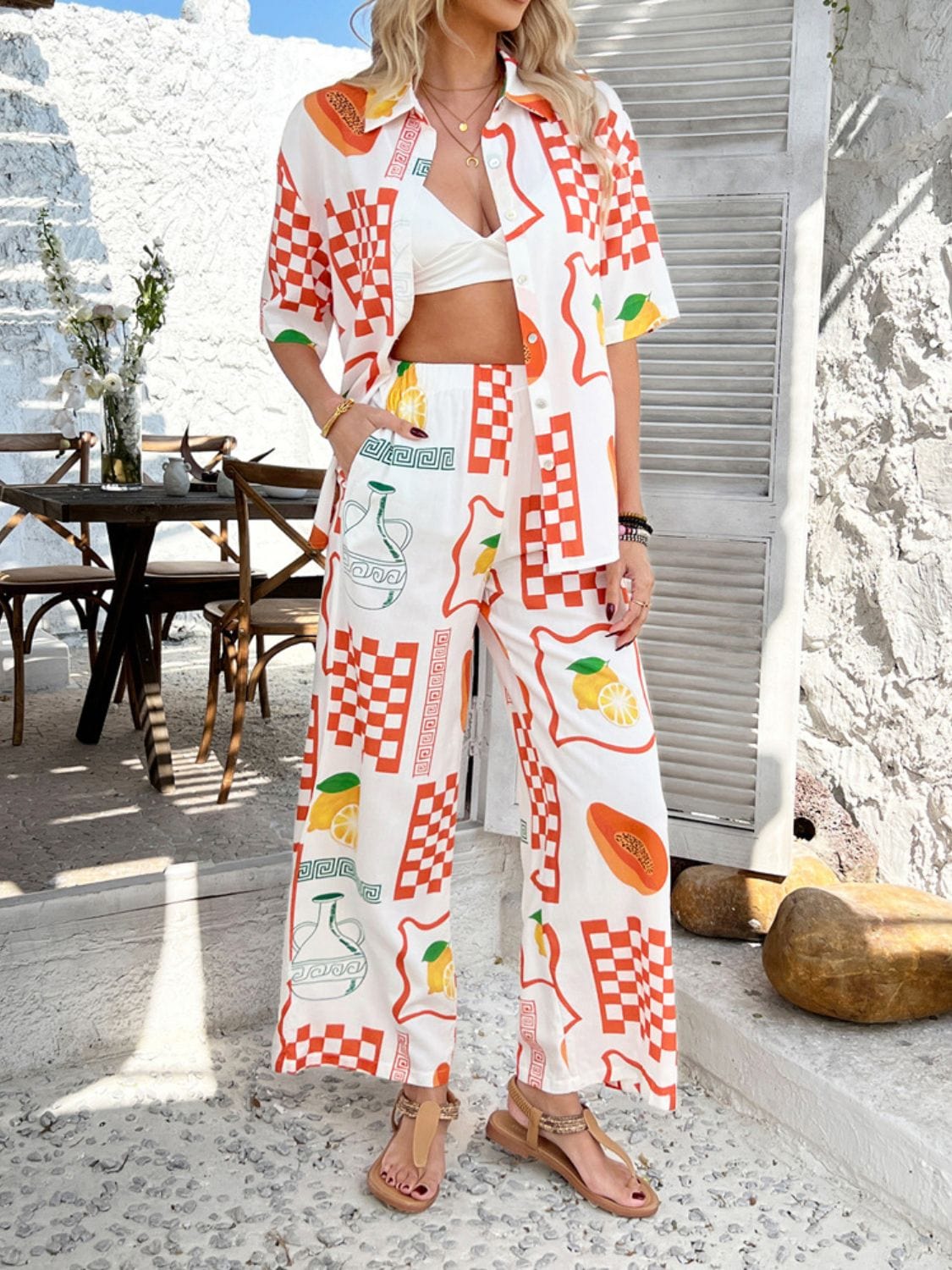 Super Cool Printed Collared Neck Half Sleeve Top and Pants Set