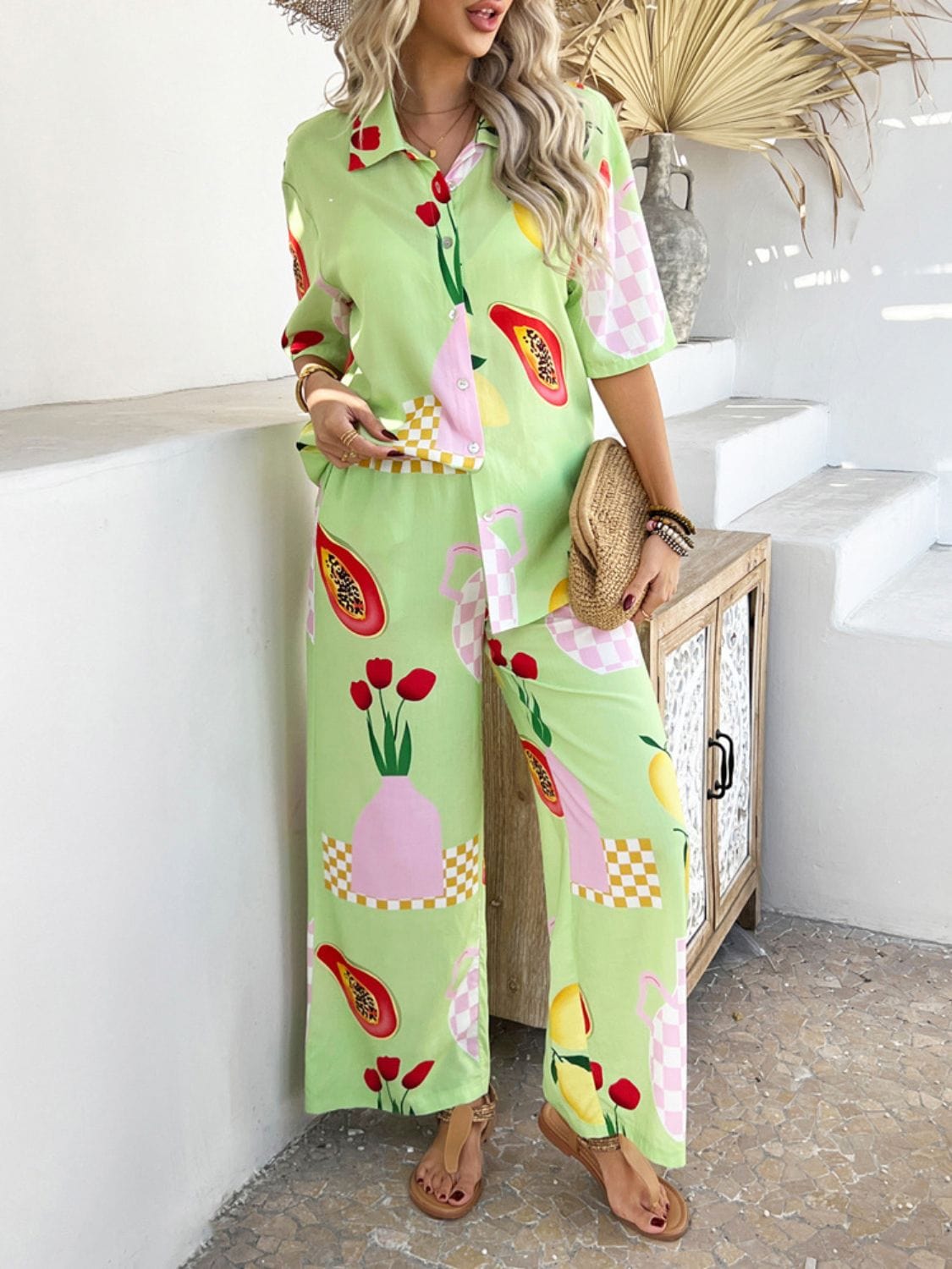 Super Cool Printed Collared Neck Half Sleeve Top and Pants Set