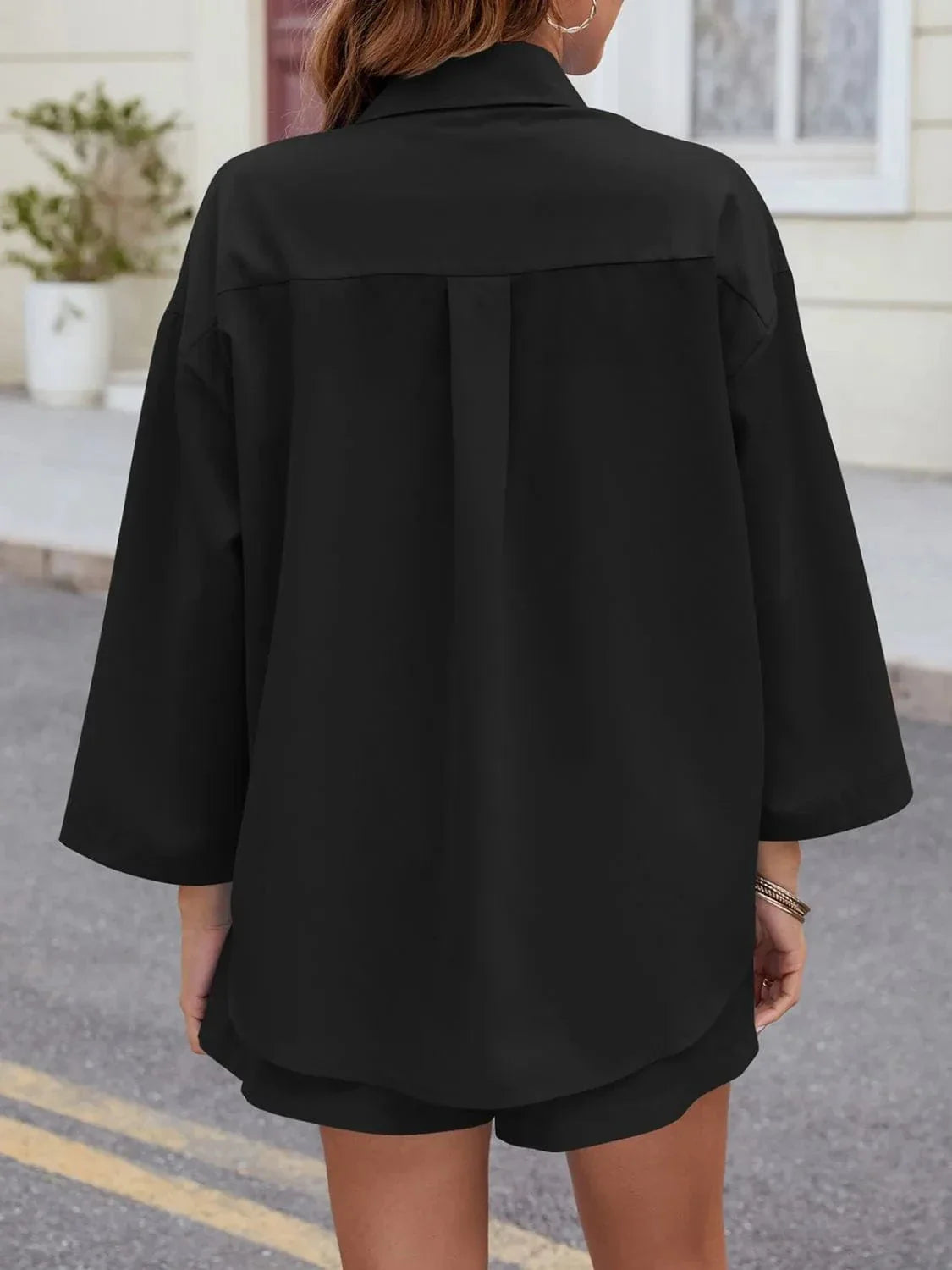 Versatile and Cool: Button-Up Long Sleeve Top with Shorts