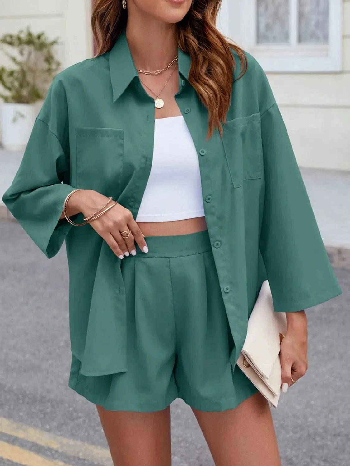 Versatile and Cool: Button-Up Long Sleeve Top with Shorts