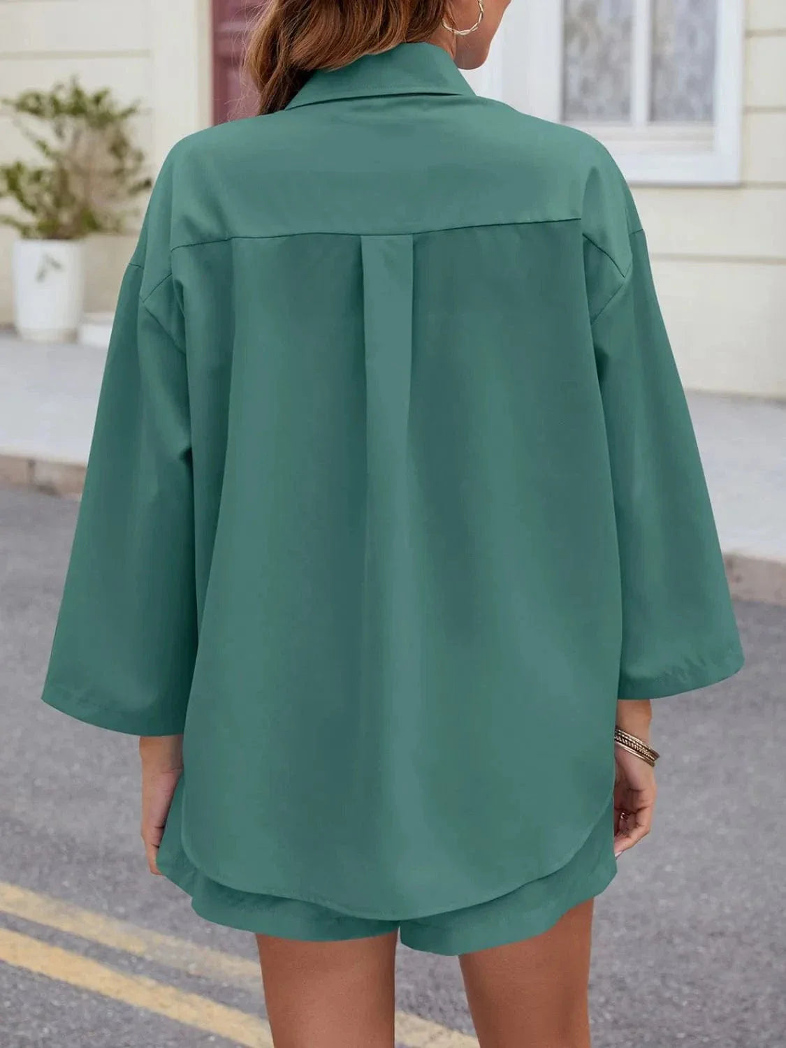 Versatile and Cool: Button-Up Long Sleeve Top with Shorts