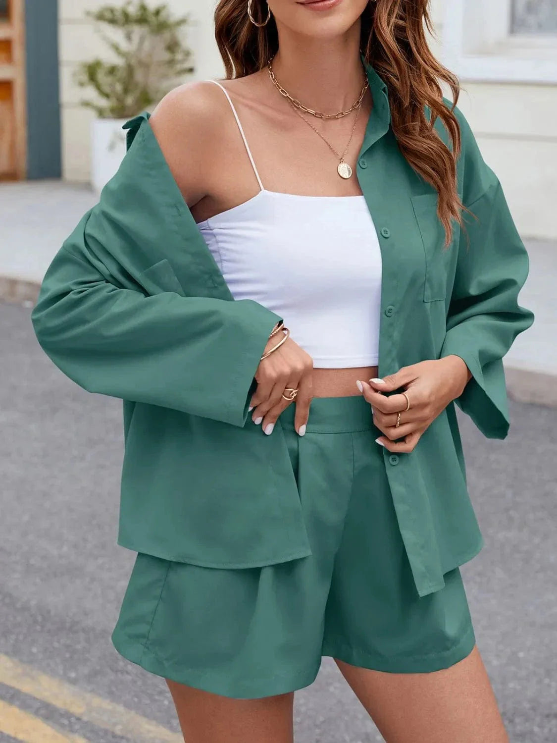 Versatile and Cool: Button-Up Long Sleeve Top with Shorts