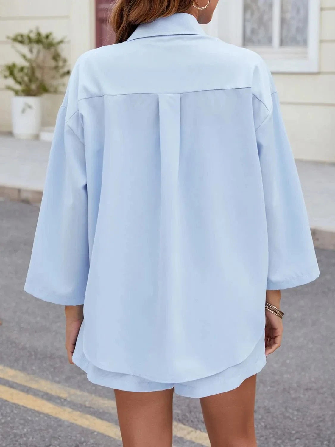 Versatile and Cool: Button-Up Long Sleeve Top with Shorts