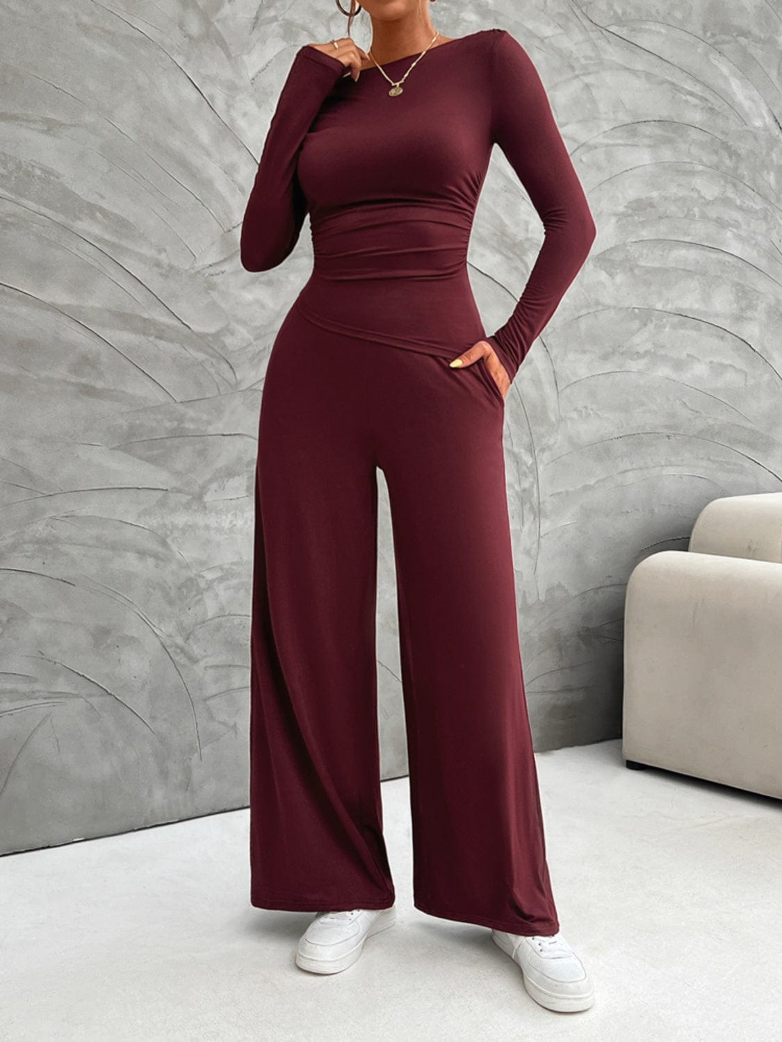Weekend Perfect Long Sleeve Top and Wide Leg Pants Set