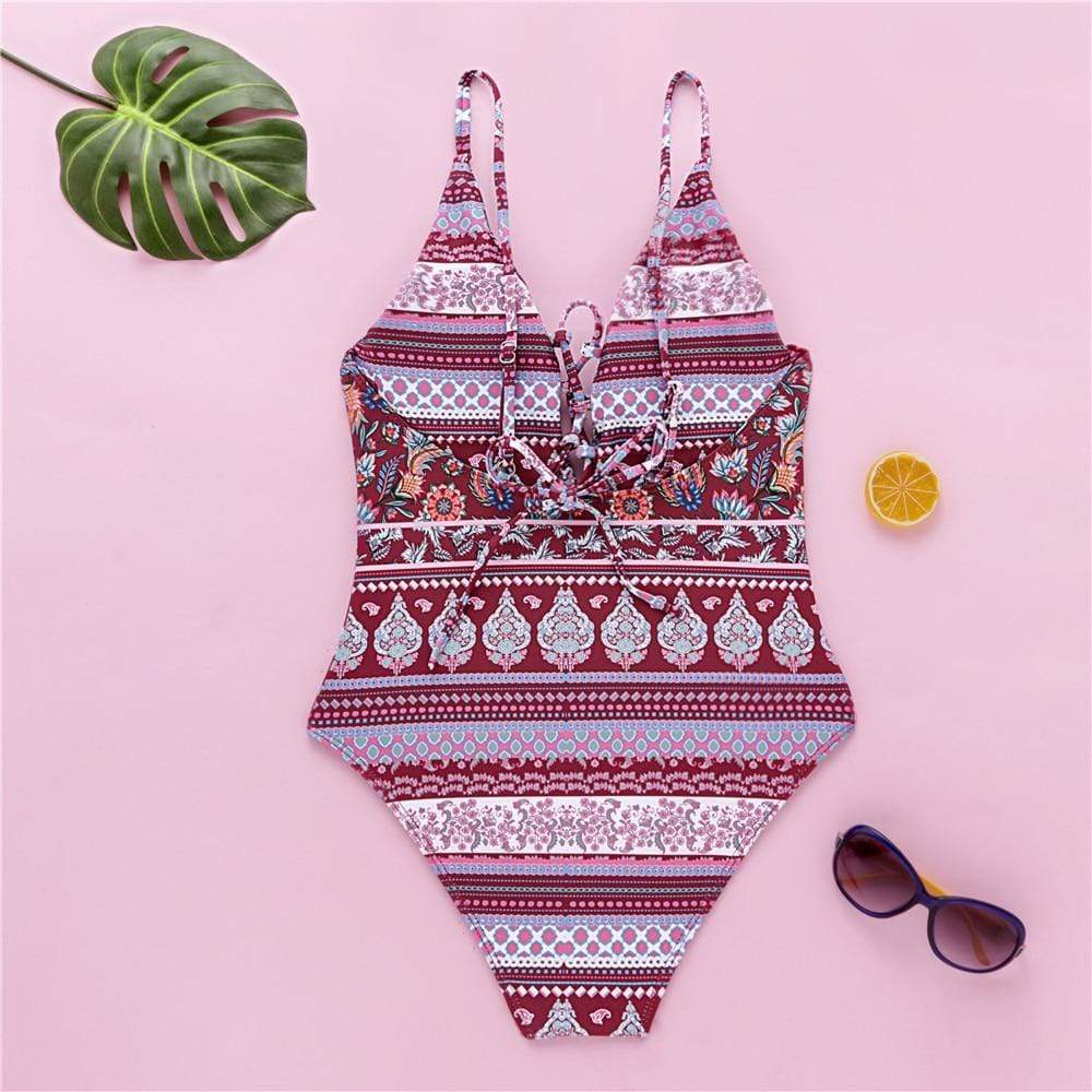 Ethnic Print Backless Boho One-piece Swimsuit