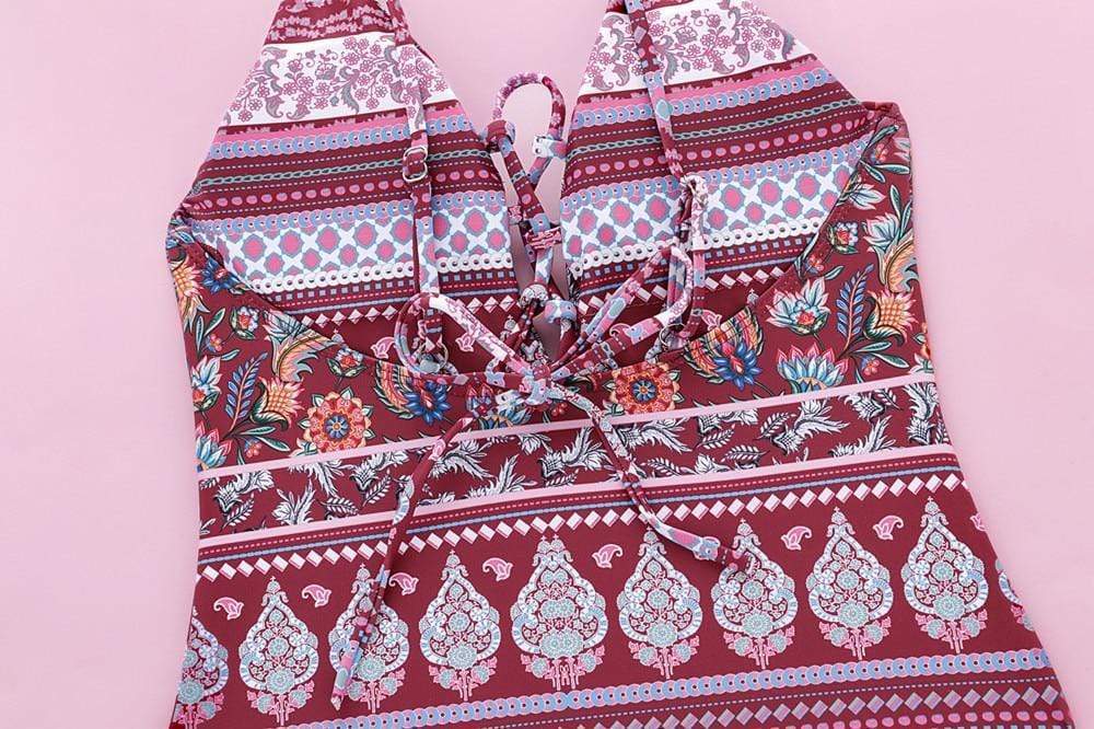 Ethnic Print Backless Boho One-piece Swimsuit