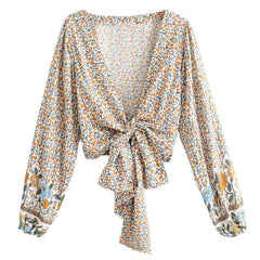Freya Retro V Neck Bell Sleeve Blouse