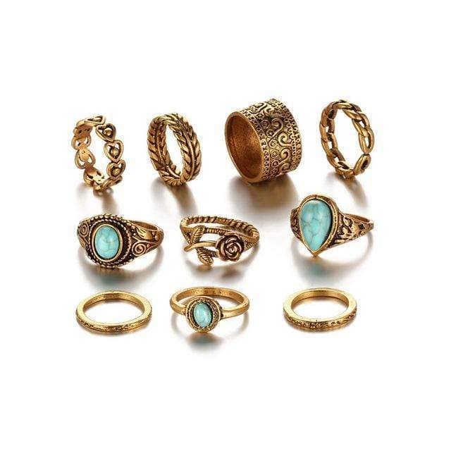 Turquoise Rose Ring Set 10 pcs