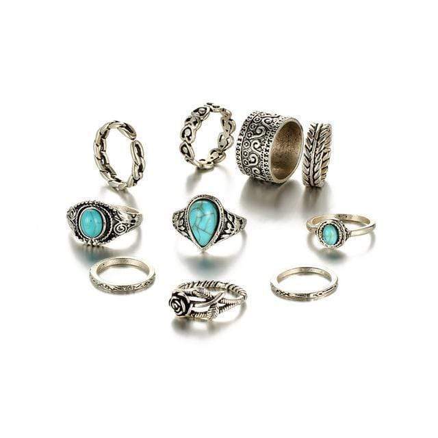 Turquoise Rose Ring Set 10 pcs