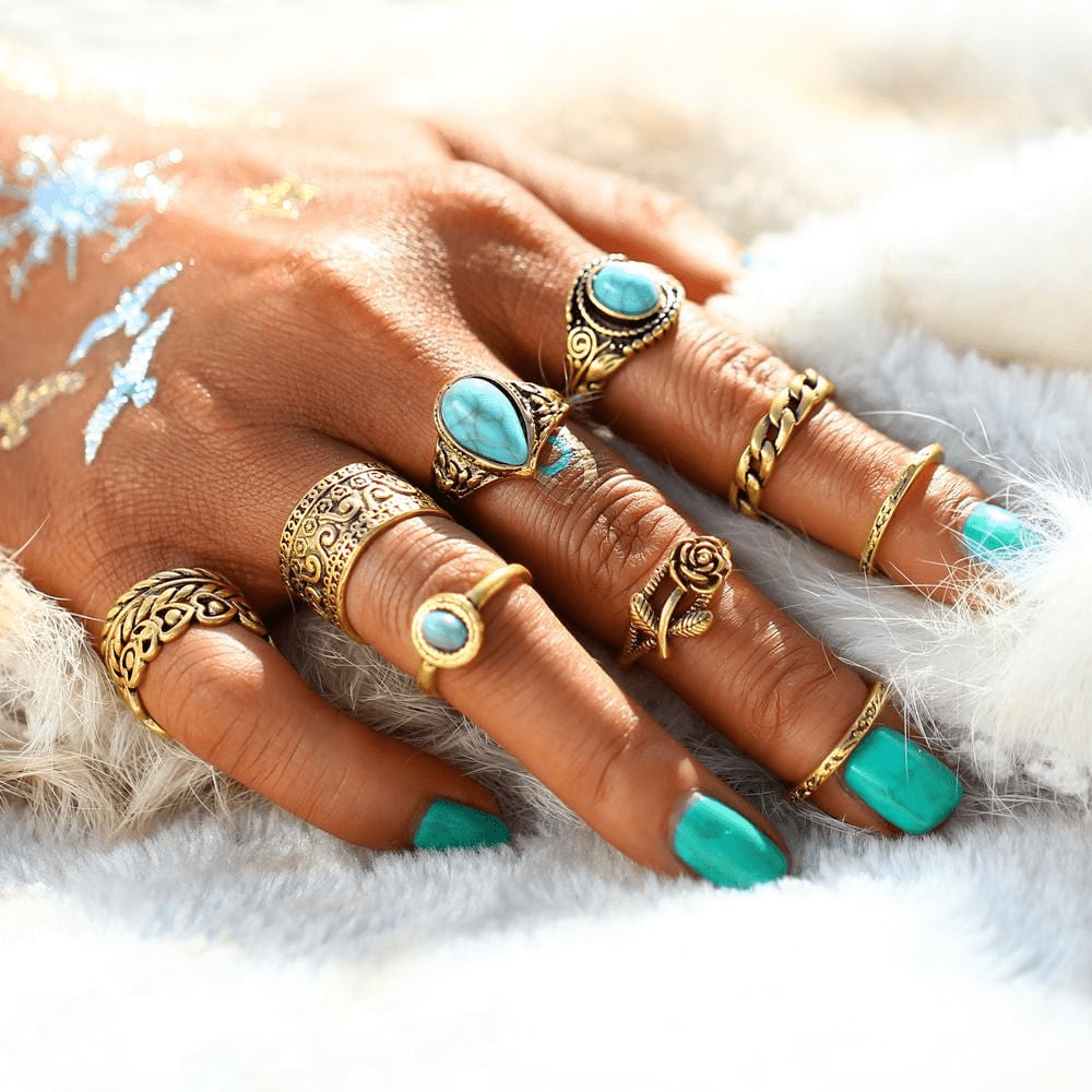 Turquoise Rose Ring Set 10 pcs