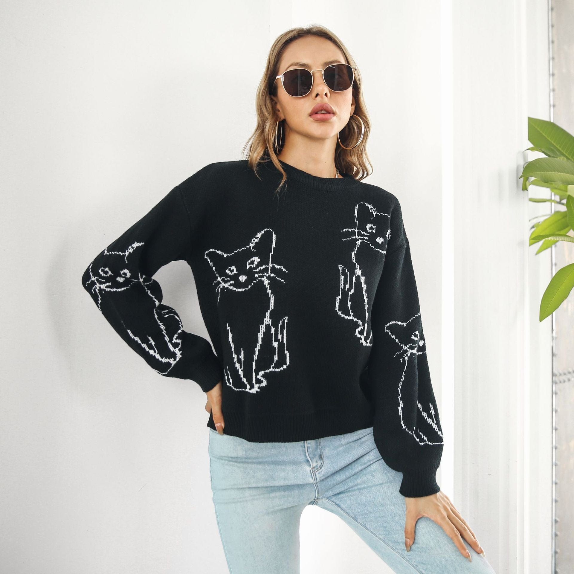Abstract Cat Print Sweater