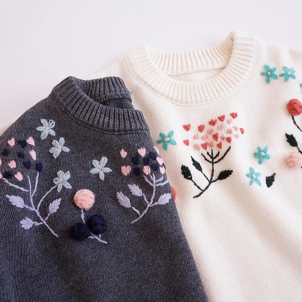 Embroidered Floral Girls Sweater