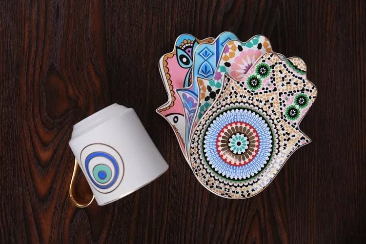 Evil Eye Coffee Cup & Hamsa Hand Saucer Set