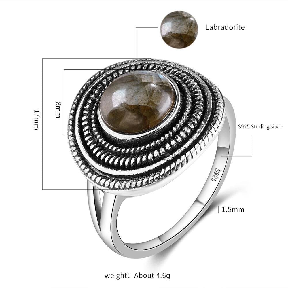 S925 Sterling Silver Natural Stone Round Ring