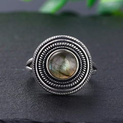 S925 Sterling Silver Natural Stone Round Ring