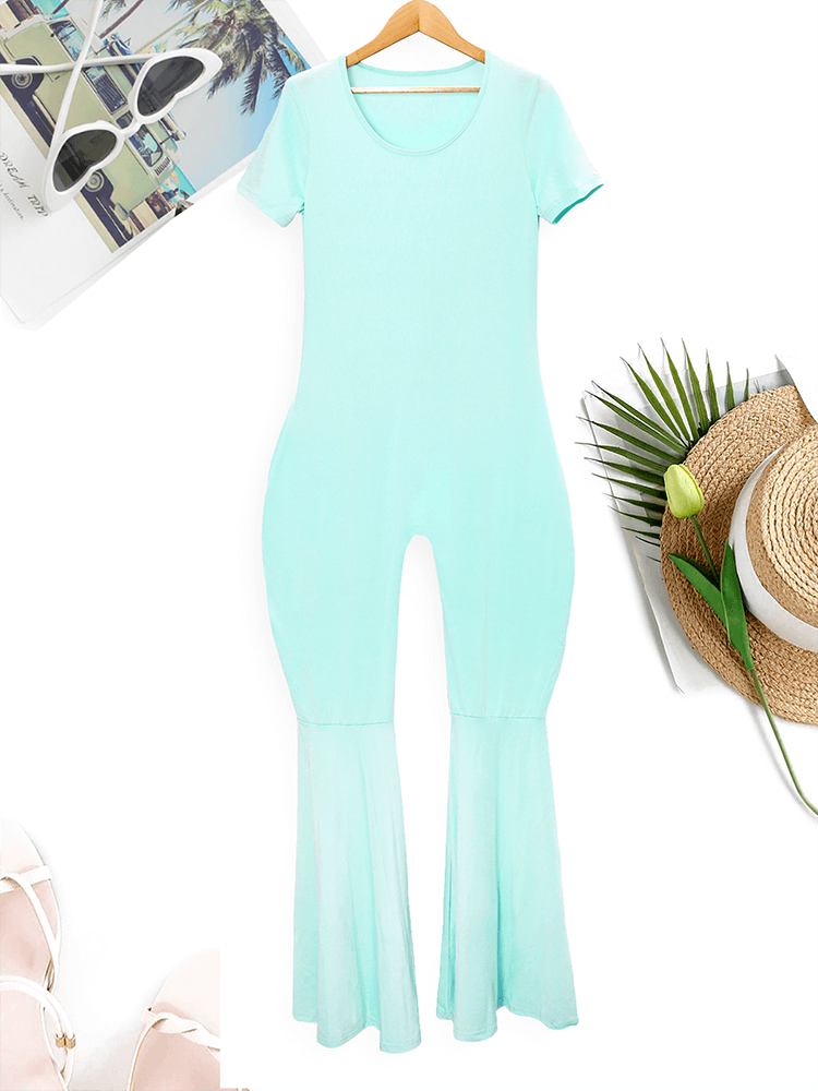 Solid Color Short Sleeve Flare Bell Bottom Jumpsuits