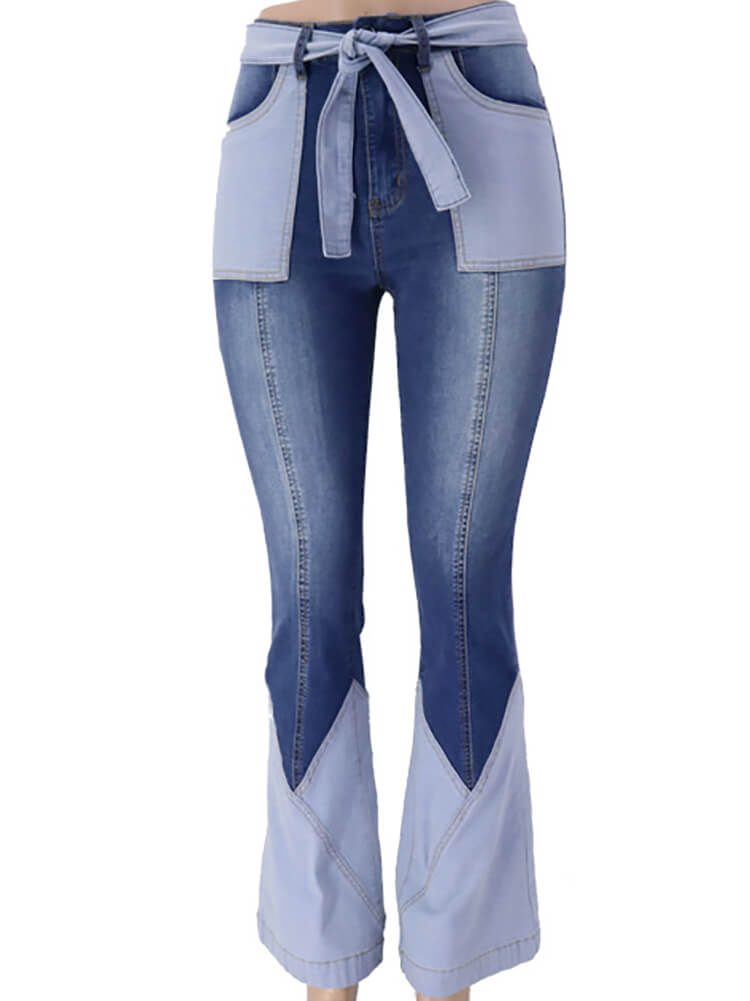 Denim Color Block Flare Jeans With Belt