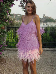 Sleeveless Tassels Sequins Feather Hem Mini Dresses