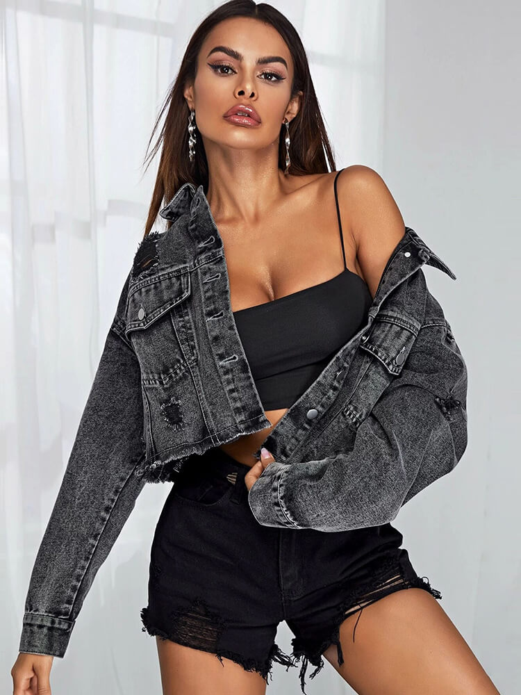 Denim Long Sleeve Ripped Hem Short Jackets