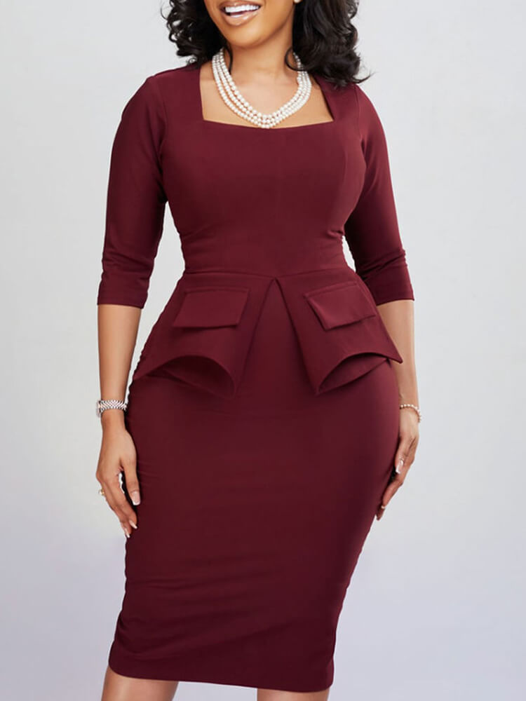 Square Neck Half Sleeve Midi Dresses