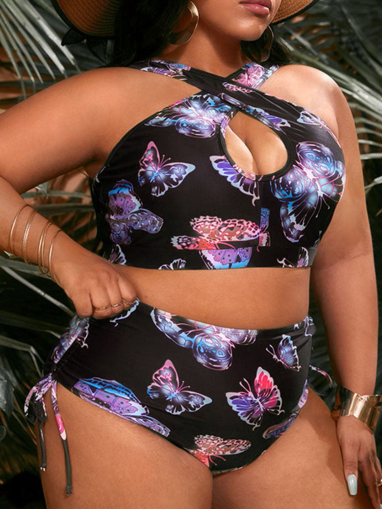 Plus Size Halter Neck Butterfly Print Swimsuit