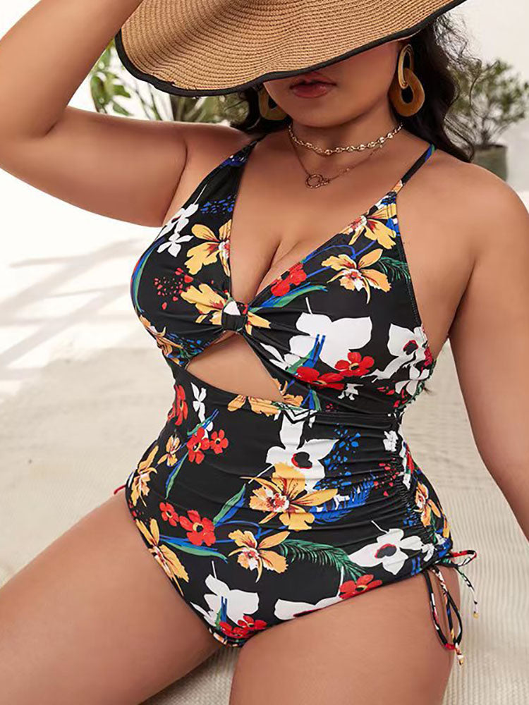 Plus Size Floral Print Backless Swimsuits