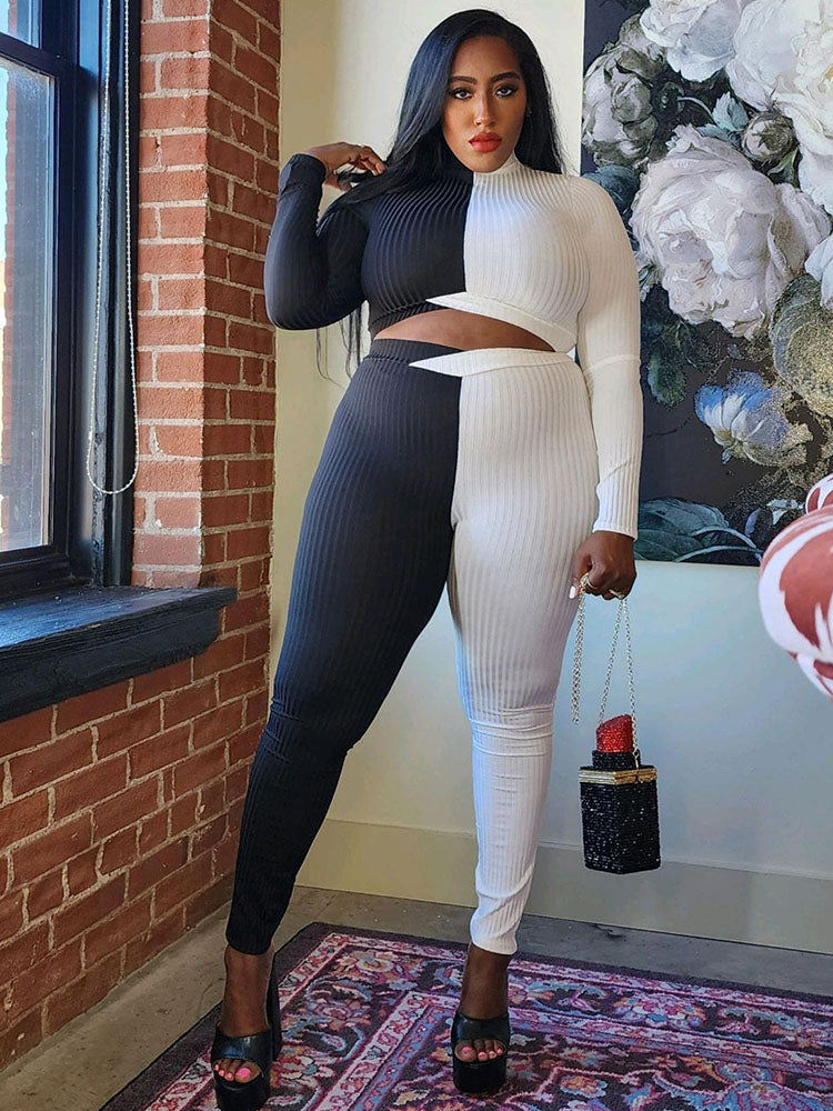 Plus Size Two Piece Color Block Pant Suits