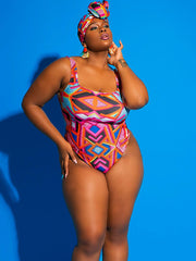 One Piece Graffiti Geometric Print Swimsuit