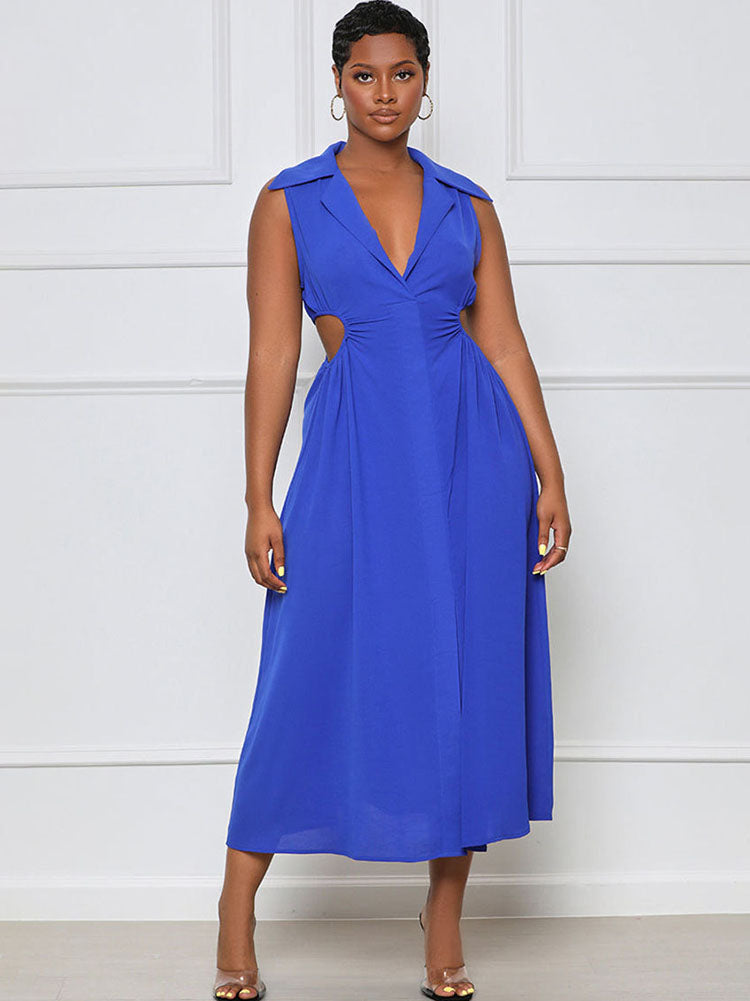 Lapel V Neck Sleeveless Maxi Dresses