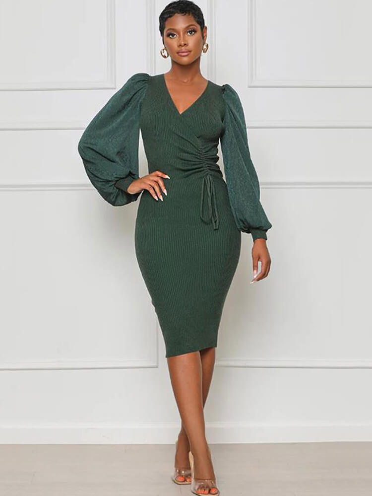 Ribbed Lantern Sleeve Patchwork Bodycon Midi Dresses