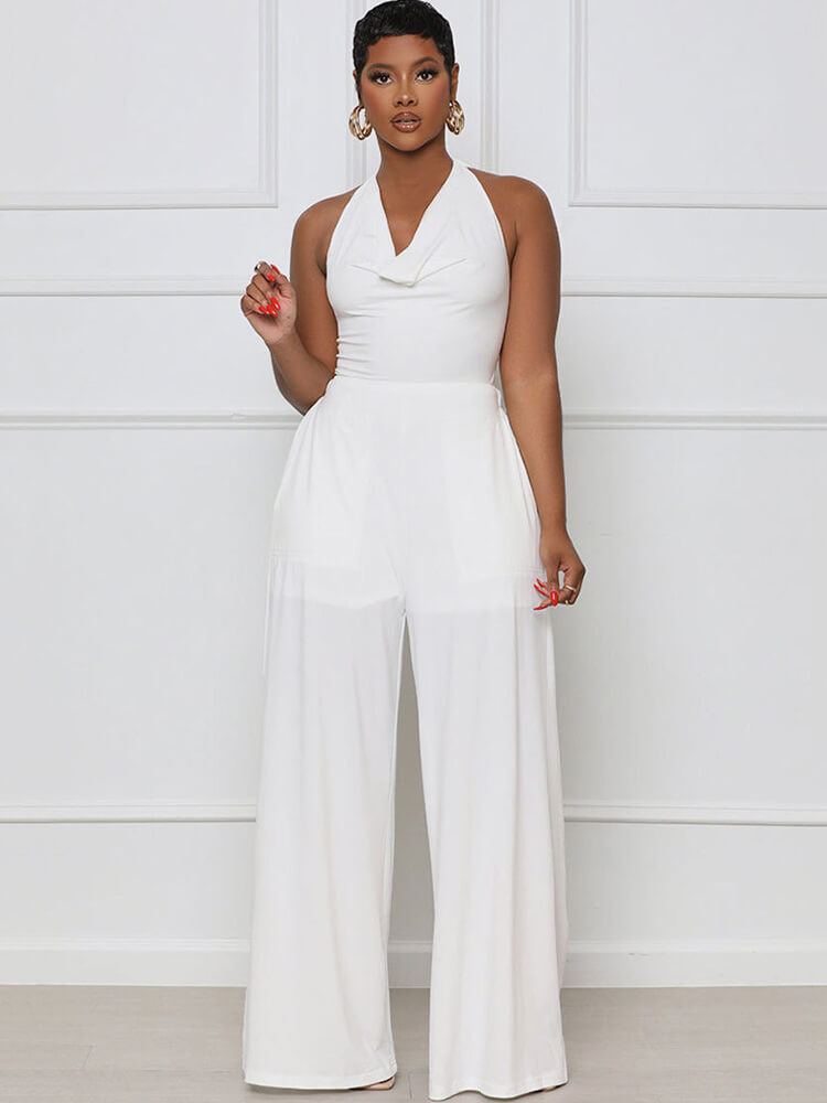 Halter Neck Backless Lace Up Wide Leg Jumpsuits