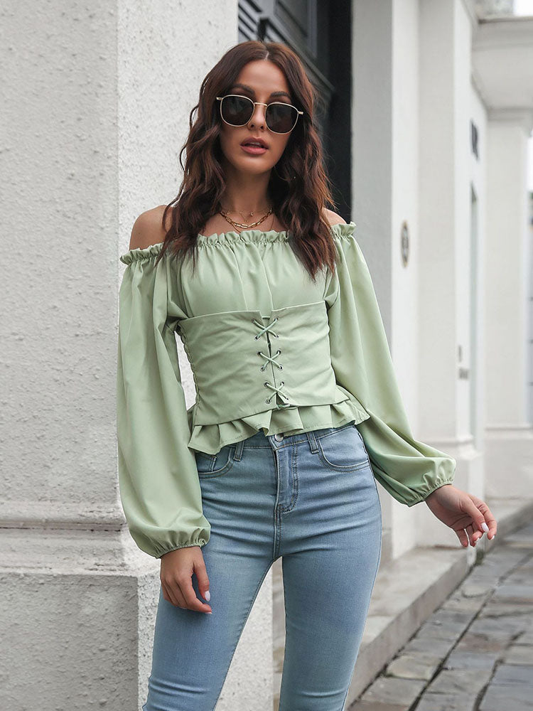 Off Shouler Lantern Sleeve Waist Ruffle Tops