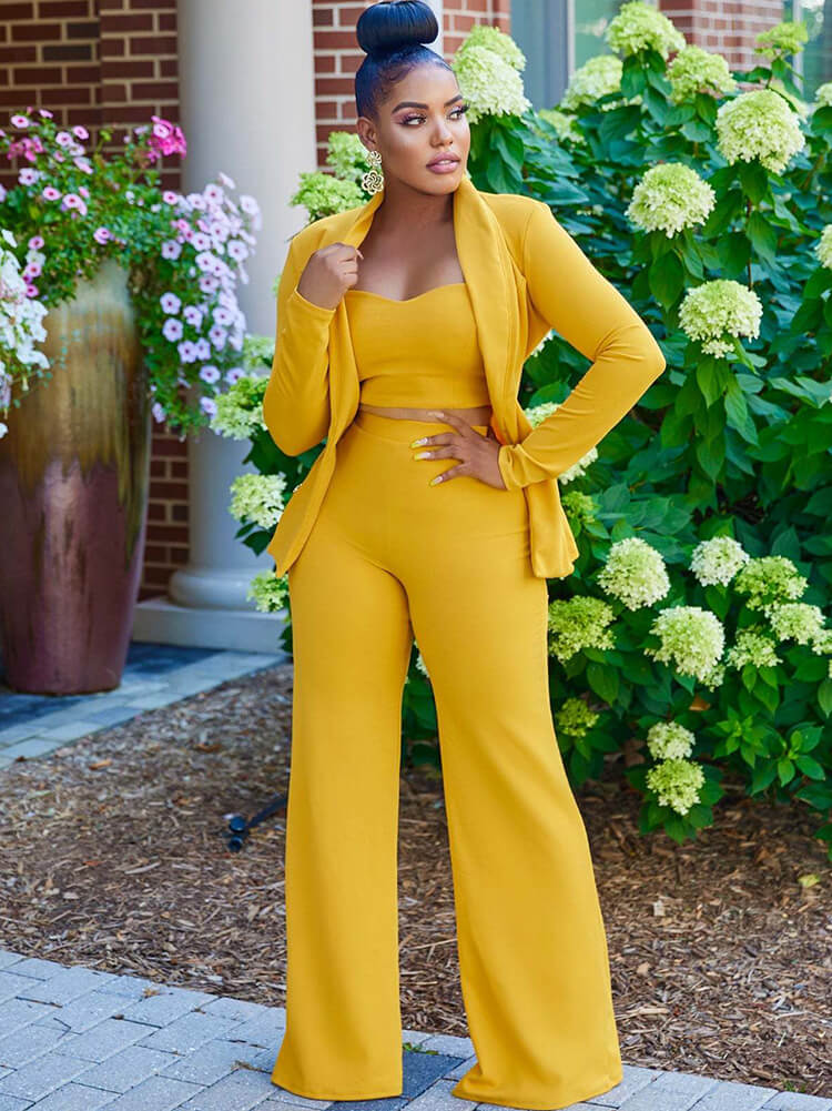 Three Piece Long Sleeve Solid Color Pants Suit