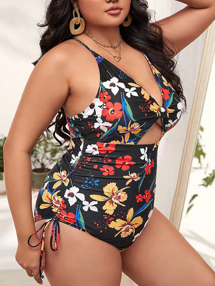 Plus Size Floral Print Backless Swimsuits